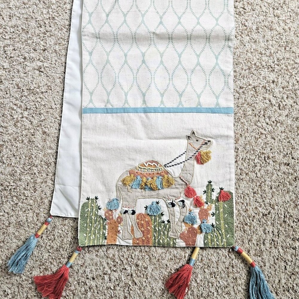 Pier 1 Imports Table Runner Embroidered Spring Camel Tassel Bohemian 13x72 Inch